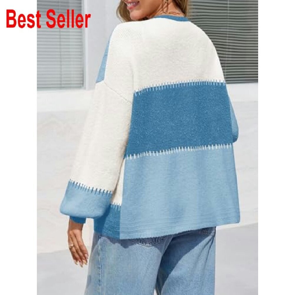 Chunky Knit Cardigan Open Front Puff Sleeve Color Block Fall Outerwear Chic - Picture 4 of 8